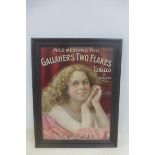 A Gallaher's Two Flakes Tobacco pictorial showcard depicting a lady, framed and glazed, 18 x 23".