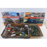 A box of military die-cast models, a quantity of oo gauge model railway and various Hornby boards.