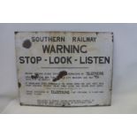 A Southern Railway 'Warning Stop-Look-Listen' rectangular enamel sign, 28 1/2 x 22 1/2".