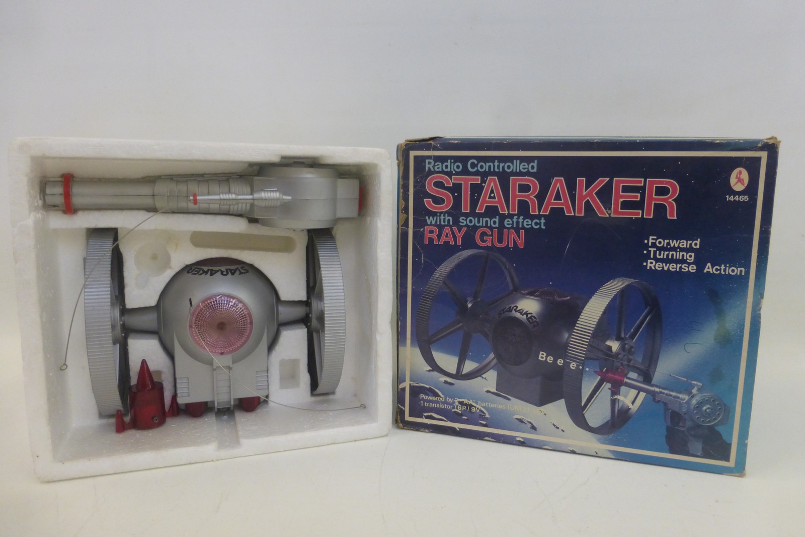 A boxed radio controlled Staraker, with sound effect ray gun.