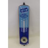 A Blue Gilette Blades two tone blue enamel thermometer and barometer combined, 6 x 25".