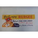 A Mudd's of Grimsby 'Burgee - They are fine fishcakes' rectangular shop window advertisement.