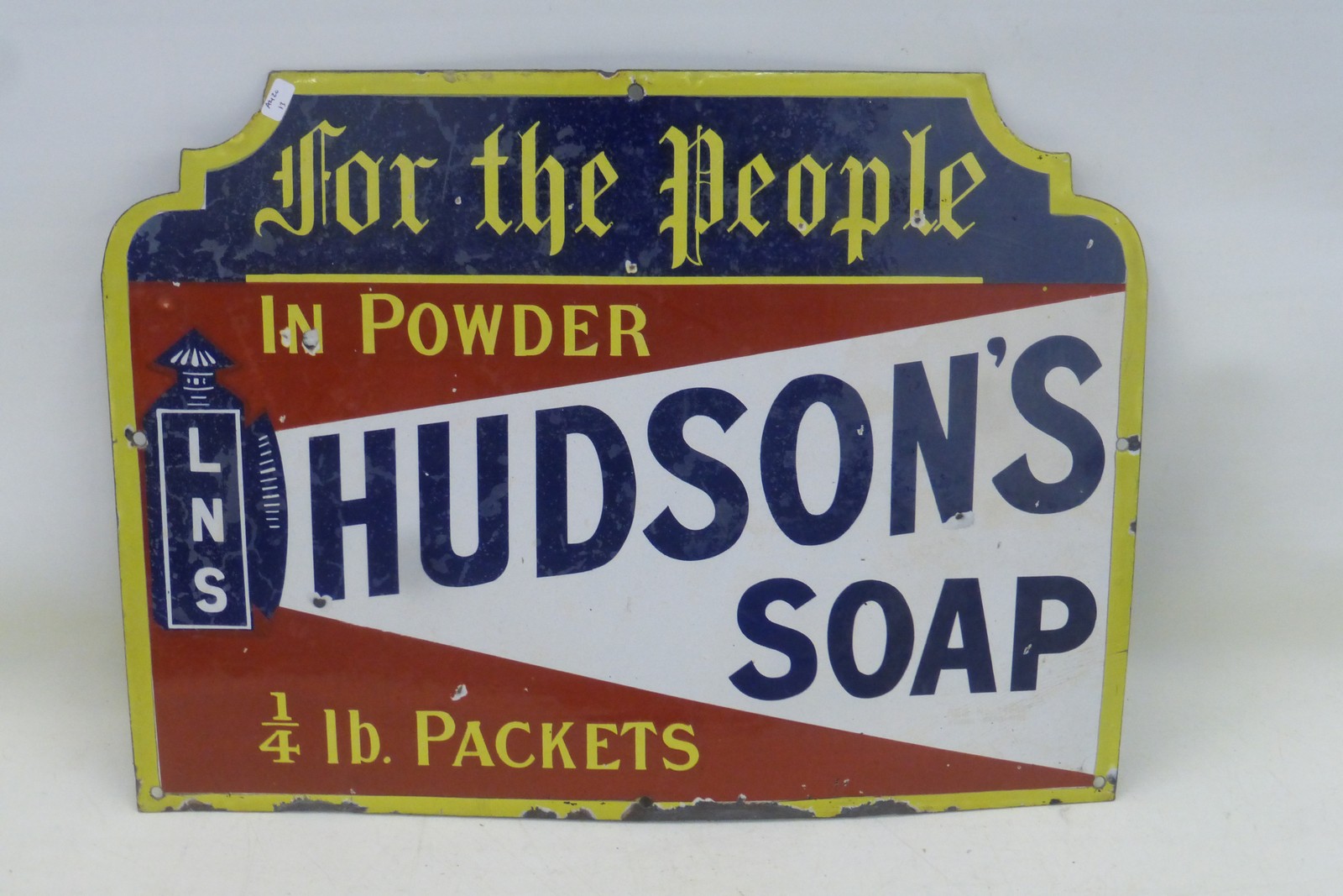 A Hudson's Soap 'for the people' shaped enamel sign of unusual small size, 19 x 14".