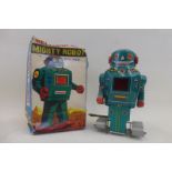 A boxed mechanical Mighty Robot With Spark, made in Japan by Noguchi.