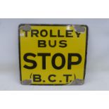 A Bournmouth Corporation Transport Trolley Bus Stop enamel sign by Protector, 12 x 11 1/4".