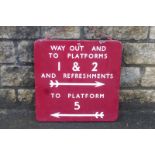 A London Midland Region railway enamel sign, 'Way Out and To Platforms 1 & 2 and Refreshments', 20 x