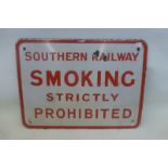 A small Southern Railway Smoking Strictly Prohibited rectangular enamel sign, 16 1/2 x 12".