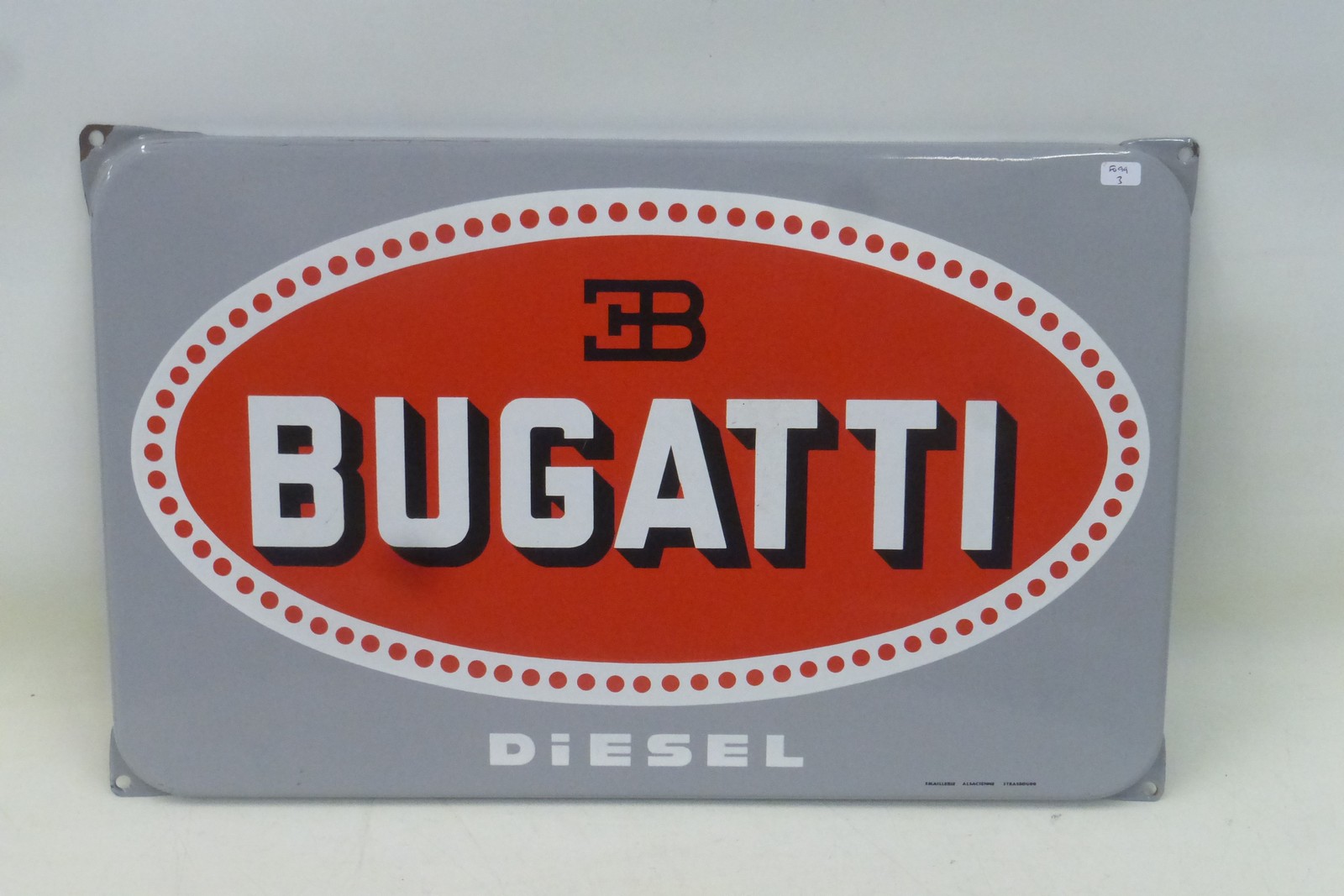 A reproduction Bugatti Diesel enamel sign, 19 x 11 3/4".