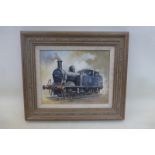 A framed oil on board depicting a steam locomotive signed Colin Wright.