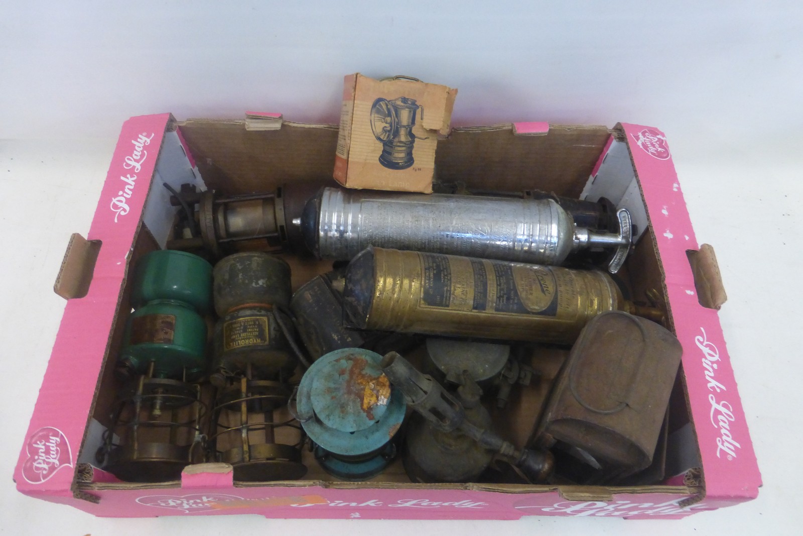 A box of assorted lamps, two Pyrene fire extinguishers etc.