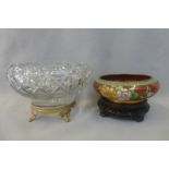 A large cut glass fruitbowl on stand and a cloisonne bowl on stand.