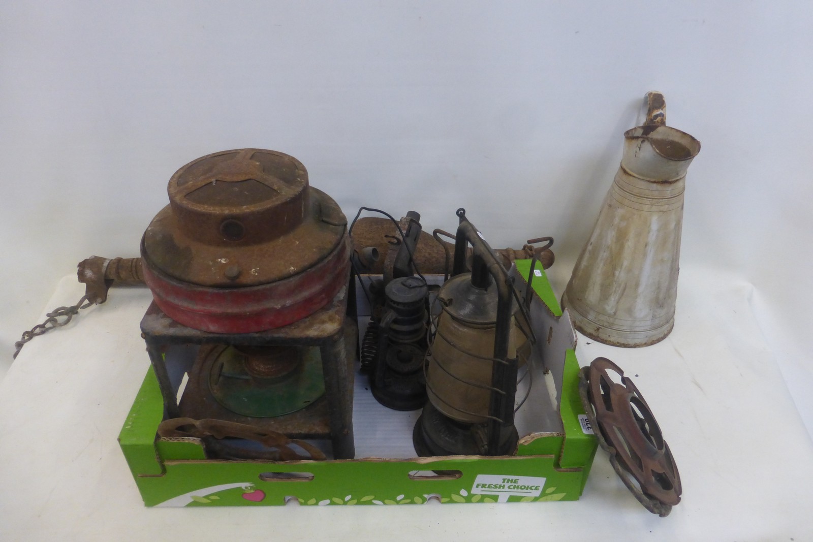 A quantity of collectables including a yoke, storm lanterns etc.