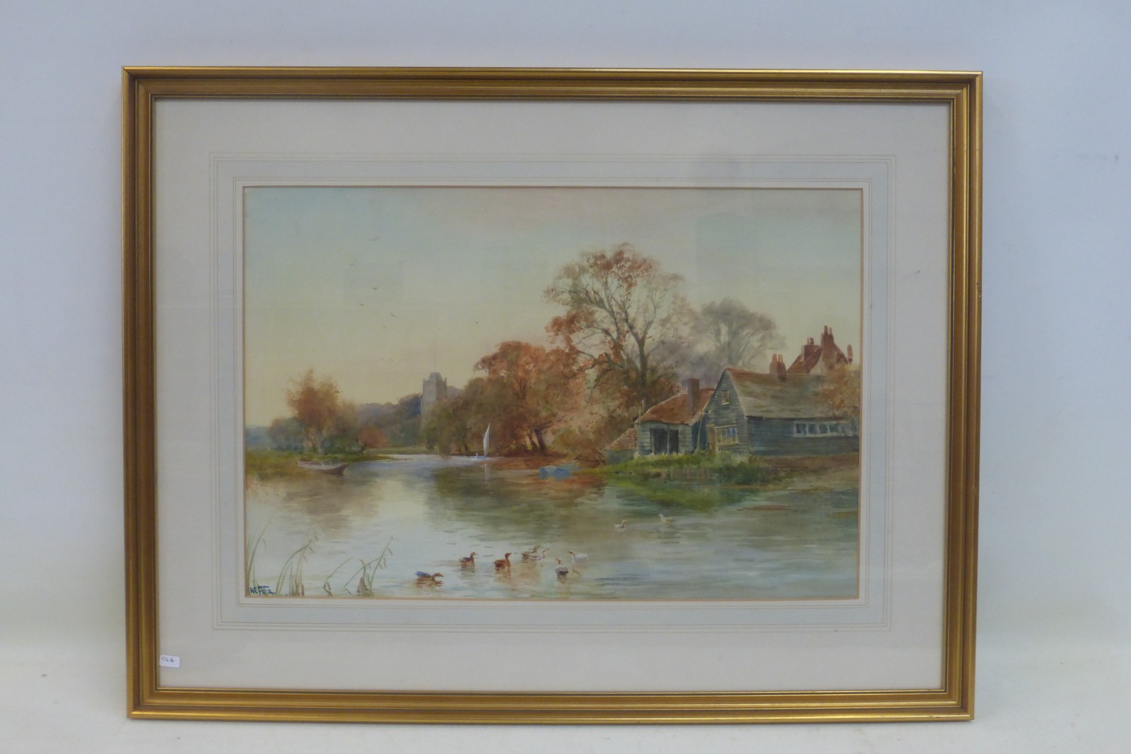 H.C. FOX - rural landscape, ducks on the river, watercolour, signed.