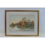 H.C. FOX - rural landscape, ducks on the river, watercolour, signed.