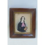 A naive school portrait miniature depicting a girl with a terrier, signed W. Murray and dated 1849.