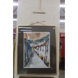 A framed and glazed watercolour of a Peruvian street scene.