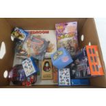 A box of assorted carded toys.