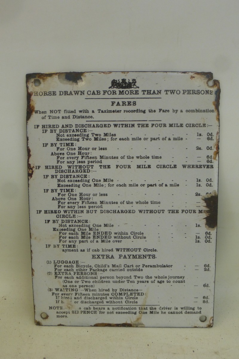 A small Horse Drawn Cab enamel 'fare' chart sign, 6 1/2 x 9".