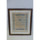 A framed and glazed Republic of Peru Guaranteed Loan Certificate for the National Pisco Toyca