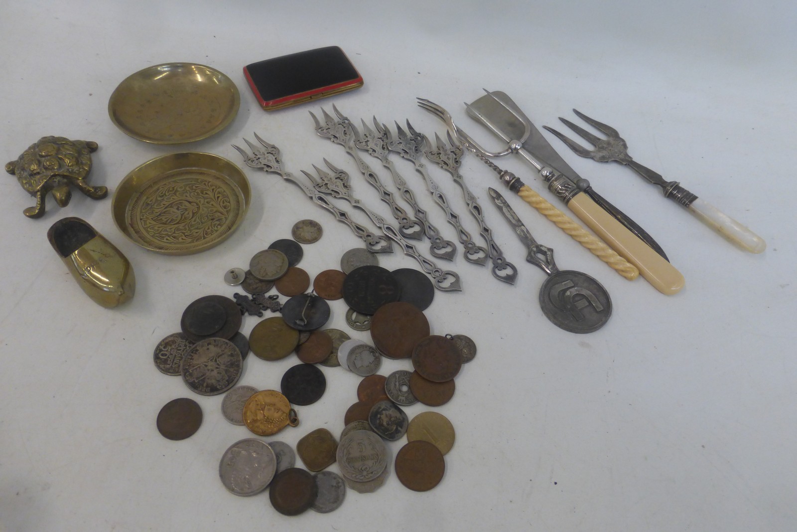 A selection of coins, white metal forks etc.