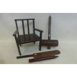 A miniature wooden chair, a wooden mallet stamped Simonds Ld, an oversized pencil and a miniature