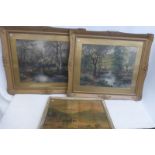 A pair of Edwardian gilt framed landscape prints and one other.