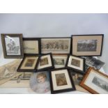 A selection of pictures to include a set of four 19th Century prints and a framed French comical