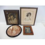 A 19th Century maple framed print, and three 19th Century studies.