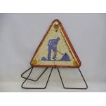 A triangular enamel road sign for road works on folding stand, 24 x 21 1/2" (measurements for sign