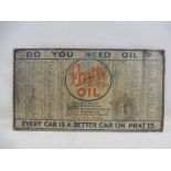 A rare and early Pratts Motor Oil tin chart listing car, commercial and motorcycle manufacturers and
