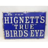 A rare Hignett's 'True' Bird's Eye rectangular enamel sign with some paint restoration, 36 x 24".