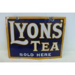 A Lyons' Tea Sold Here rectangular enamel sign by Bruton of Palmers Green, 24 x 18".