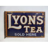 A Lyon's Tea Sold Here rectangular double sided enamel sign with hanging flange, 18 x 12".