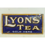 A Lyons' Tea Sold Here convex enamel sign by Bruton of Palmers Green, 19 1/4 x 9 1/2".