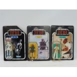 Three original Kenner carded Star Wars Retun of The Jedi figures, with cracks to blisters,