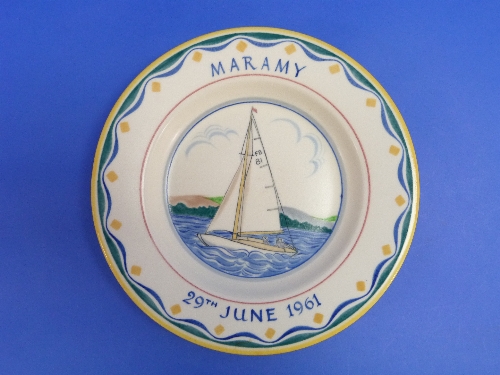 A Poole Pottery Ship Plate, painted by Ruth Pavely, depicting the yacht "Maramy" FB81 and dated 29th