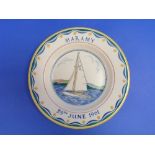 A Poole Pottery Ship Plate, painted by Ruth Pavely, depicting the yacht "Maramy" FB81 and dated 29th