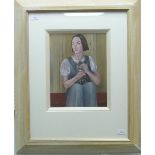 •Jo Dixon (British, 20th century), Lady seated with kitten, oil on board, signed, 13½in x 10½in (