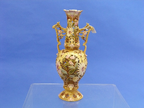 A Zsolnay Pecs reticulated porcelain two-handled Vase, impressed marks and printed mark to base,