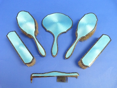 A silver and guilloche enamel six piece Dressing Table Set, by Henry Matthews, hallmarked