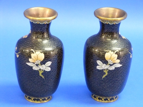 A pair of Japanese cloisonné Vases, of ovoid form, the black-ground bodies decorated in coloured - Image 2 of 2