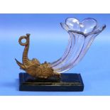 An early 20th century cut glass and spelter Elephant mask Vase, of lobed and fluted cornucopia form,