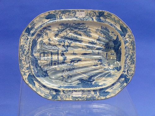 A 19th century Staffordshire meat Dish, transfer printed in blue in the oriental style, marked "Wear