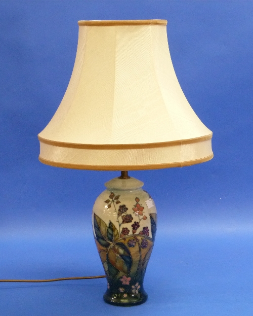 A Moorcroft pottery 'Blackberry' pattern table Lamp, of vase form with shade, impressed marks,