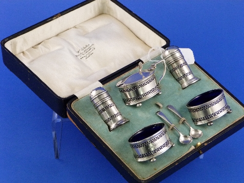 A cased George V silver five piece Cruet Set, by Docker & Burn Ltd., hallmarked Birmingham, 1922/