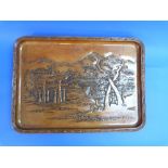 Hiroshima interest; a Japanese carved wood presentation Tray, the reverse with inscription "His