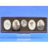 A set of five family portrait miniatures, early 20thC, oval photographic portraits over-painted in