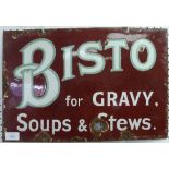 An original enamel Bisto Sign, brown ground with, 'Bisto for Gravy, Soups & Stews', in white & green