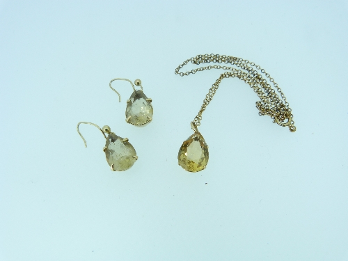 A teardrop citrine Pendant and trace chain, and pair of citrine pendant earrings, all mounted in 9ct