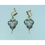 An attractive pair of Drop Earrings, in yellow metal, the fronts with an open heart shaped scroll in